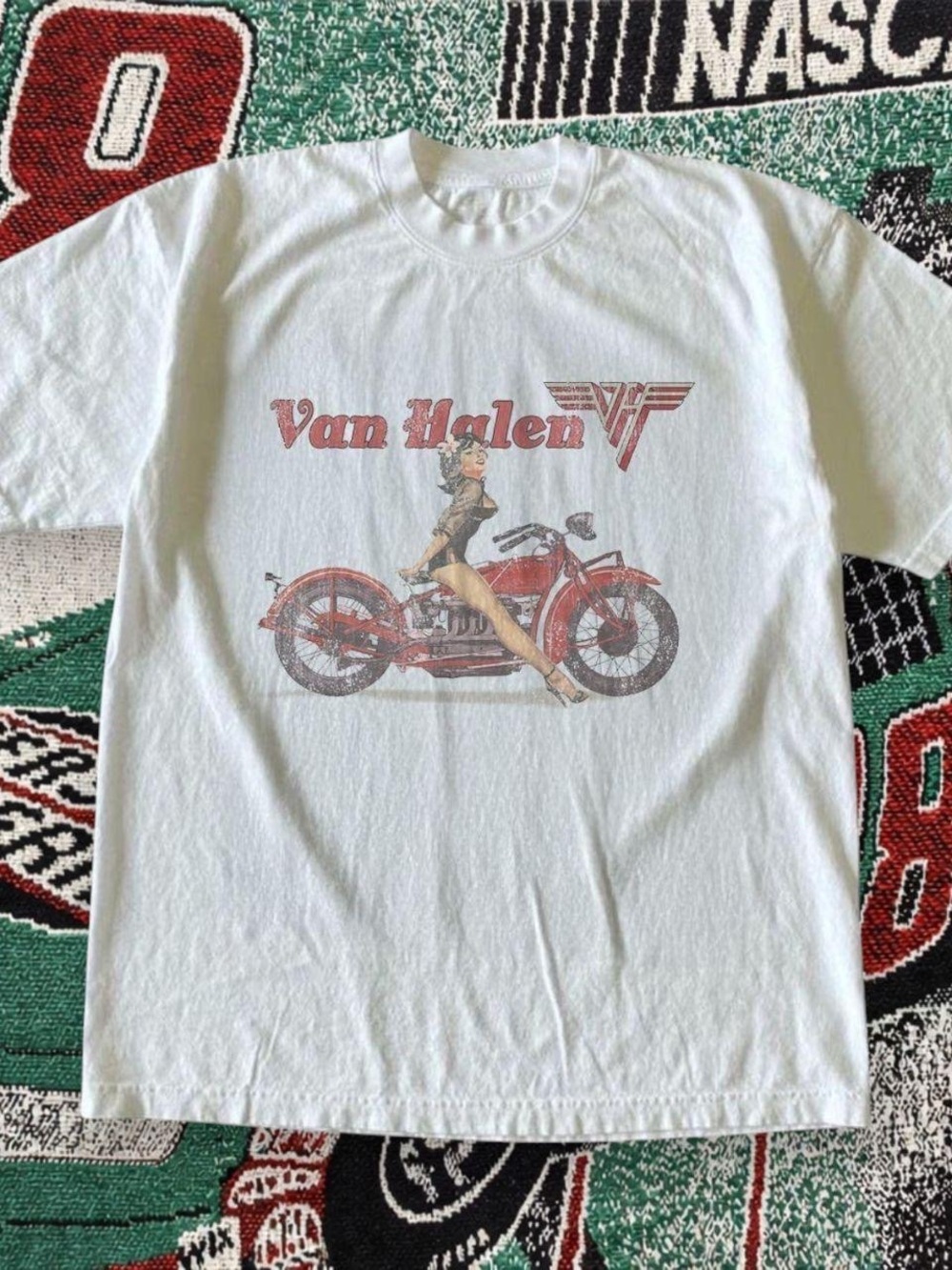 Gildan White Van Halen Tee with Red Motorcycle Graphic